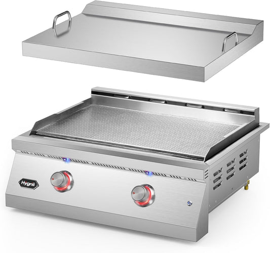 Hygrill 30-Inch Premium Built-In Liquid Propane Griddle for Outdoor Kitchen, Durable Stainless Steel 2-Burner Flat Top Grill with Lid and LED lights, 36000 BTUs