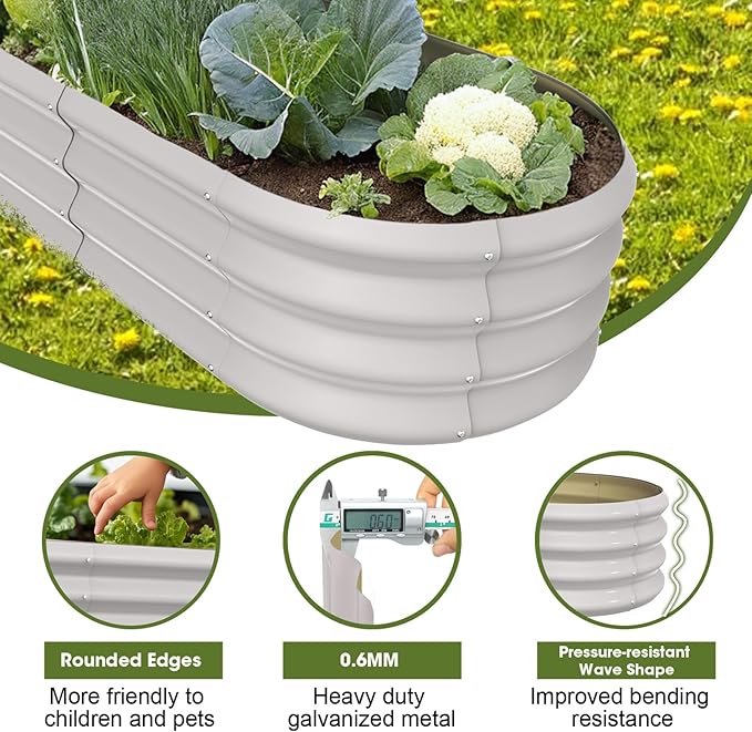 8x2x1ft Oval Galvanized Raised Garden Bed Outdoor 9-in-1 Large Metal Modular Planter Box Raised Beds for Gardening,Vegetables,Fruits,Flowers & Herbs (White)