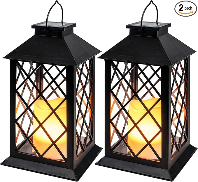 Homemory Solar Lanterns Outdoor Waterproof Hanging with Flickering Flameless Candles, 2 Pack 13'' Garden Outdoor Lantern Decorative for Patio Front Porch Backyard Balcony Cabin Outside Table(Black)