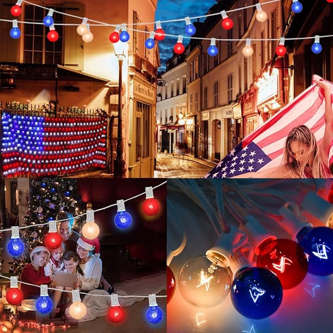 4th of July Decorations String Lights, 25Ft Outdoor Patio String Lights with 27 G40 Red White and Blue Light Bulbs(2 Spare), Multcicolor Christmas Lights for Patriotic Party Garden Festival Decor