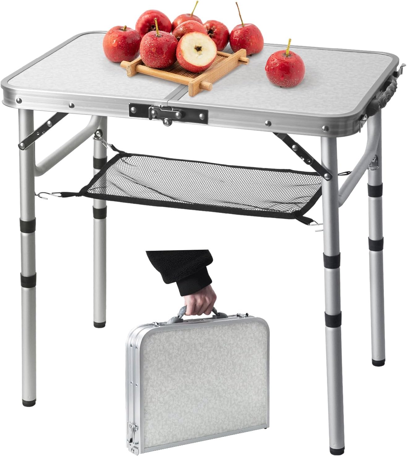 Small Folding Table 2FT Lightweight Portable Aluminum Camping Table for Picnic and Camping Mini Foldable with Adjustable Extended Height,Silver