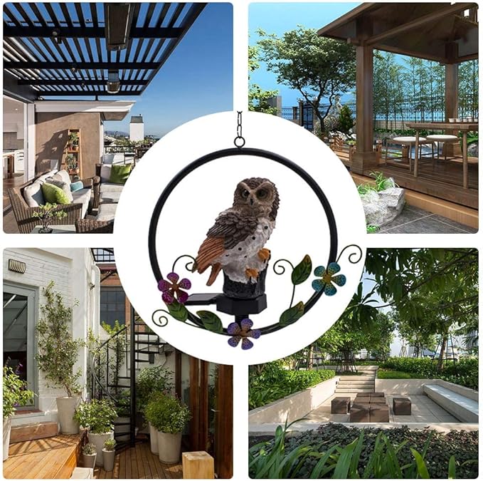 ASFSKY Gift for Owl Lovers Garden Solar Hanging Owl Statue Waterproof Outdoor Hanging Garden Decorations (Brown)