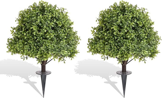 27" Tall Artificial Boxwood Ball Topiary Trees Set of 2, UV Resistant Large Faux Plants Outdoor, 2ft Fake Bushes and Shrubs Look Real with Ground Spike for Front Porch Outside Planter Backyard Decor
