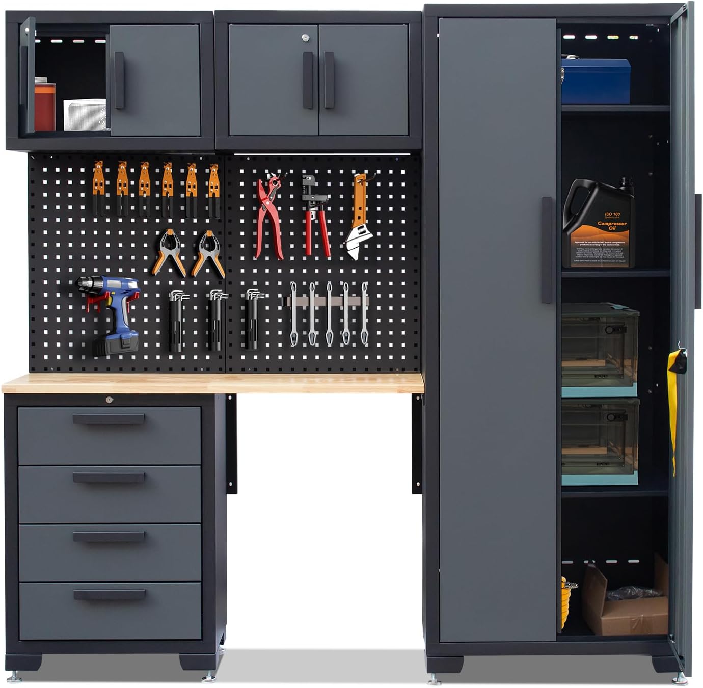 7-Pcs Garage Storage Cabinet System - Workshop Set With Steel Drawers, Workbench, Pegboard for Tool Organization
