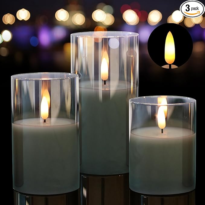 Glass Flameless Candles with Remote Timer,LED Candles Flickering Battery Operated with 3D Wick,Candle Holders Table Centerpiece Decoration for Home Wedding Birthday Festival(Grey)