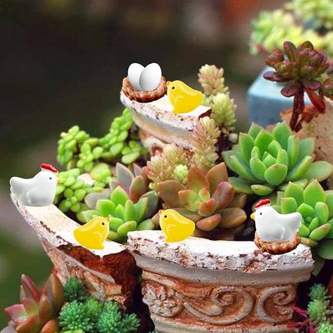 Hiawbon Miniature Retro Wooden Chicken Coop Mini Family Chicken,Hen,Chick,Egg,Chicken Nest Ornament Micro Landscape Fairy Garden Decor