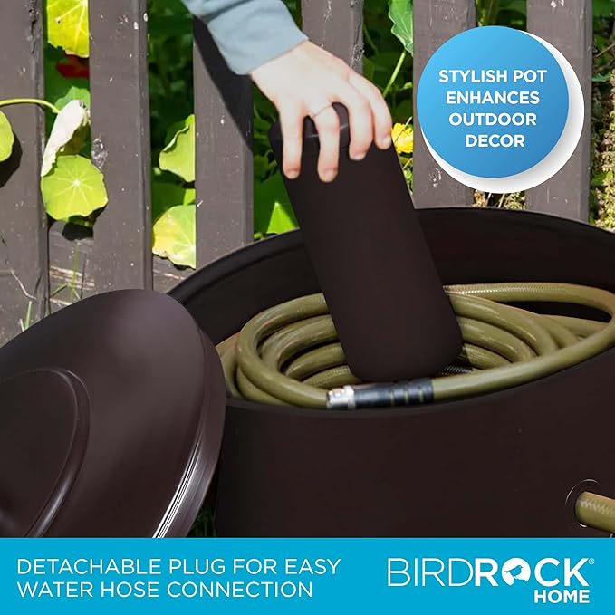 BirdRock Home Decorative Footed Water Hose Holder Pot with Lid | Holds 100ft Hose | Ground Garden Box | Powdered Coated Steel | Metal Hider | Outdoor or Indoor (Oil Rubbed Bronze)