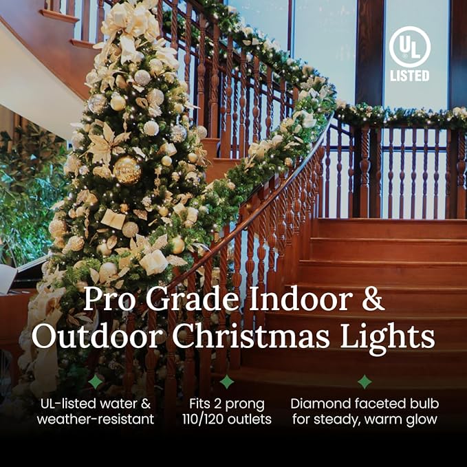 Pro Christmas M5 LED Holiday Lights - 100 Bulbs, 33.3ft - Professional Grade Indoor Outdoor Diamond Cut Sparkle Light Strings for Home Decorations and Christmas Trees - Pure White