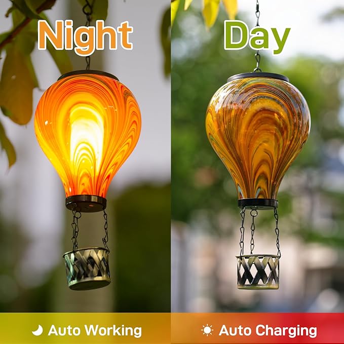 2PCS Solar Hot Air Balloon Lantern with Flame Flickering Light Tie-Dye Glass Hot Air Balloon Solar Lanterns Outdoor Waterproof Hanging Garden Light for Patio Porch Yard Decor,Gift for Women