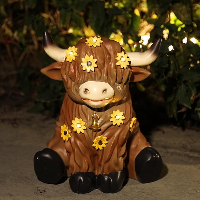 Highland Cow Decor, Highland Cow Gifts, Highland Cow Statue, Solar Garden Statue for Outside, Solar Garden Yard Patio Decor, Outdoor Statue for Garden, Yard, Gardening Gifts for Women, Mom