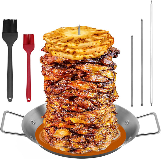 Al Pastor Skewer for Grill, Stainless Steel Vertical Skewer, Brazilian Vertical Spit with 3 Spikes(8”/10"/12”)& Brushes, for Tacos Al Pastor, Shawarma Kebabs Smoker Oven BBQ Dishes