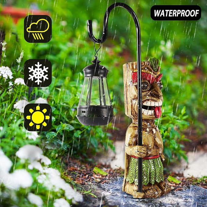16.7" H Tiki Decor Garden Statue,Large Lantern Tiki Figurine with Solar Lights,Hawaiian Tiki Man Outdoor Patio Yard Lawn Bar Party Beach Pool Pond Halloween Christmas Decoration Ornament Gifts