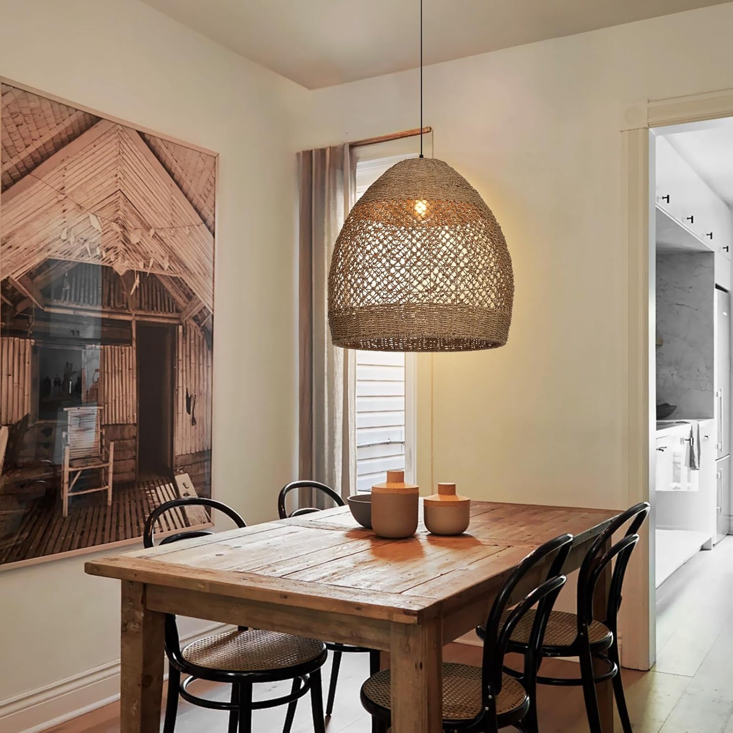 Arturesthome Rustic Rattan Pendant Light,Basket Hanging Light Ceiling Lamp for Dining Room,23.6" Farmhouse Wicker Chandelier for Living Room Foyer Bedroom Hallway