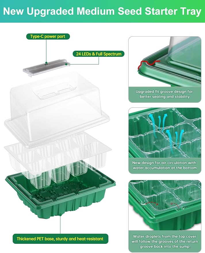 3-Pack Seed Starter Trays with Heat Mat, Seed Starter Kit with Grow Lights, 36 Large Cells Seed Germination Kit with Adjustable Humidity Vents for Indoor Plants Seeds Starting, Ideal Gardening Gifts