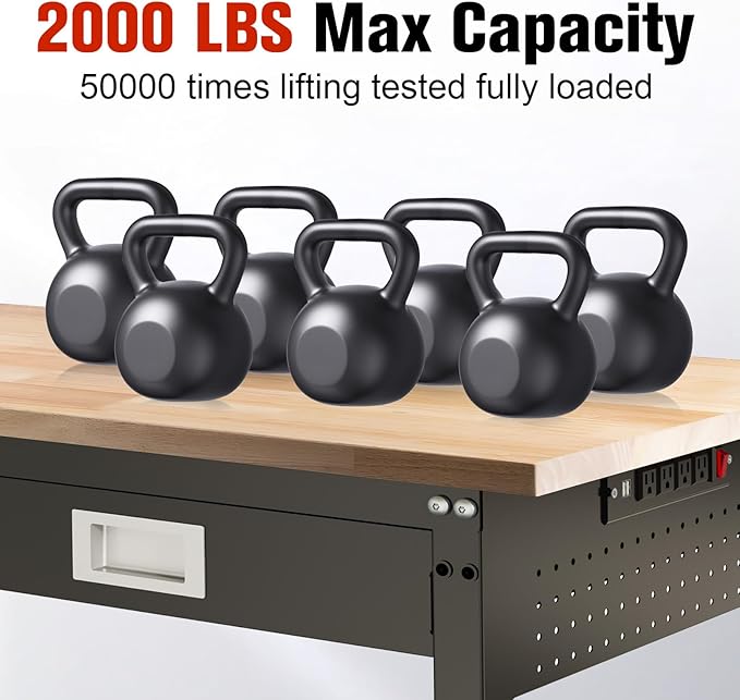 60" Workbench with Drawers, Work Benches for Garage with Strip Light, Adjustable Work Table with Large Pegboard, 2000 LBS Heavy Duty Table with Power Outlet Rubber Wood for Garage, Office