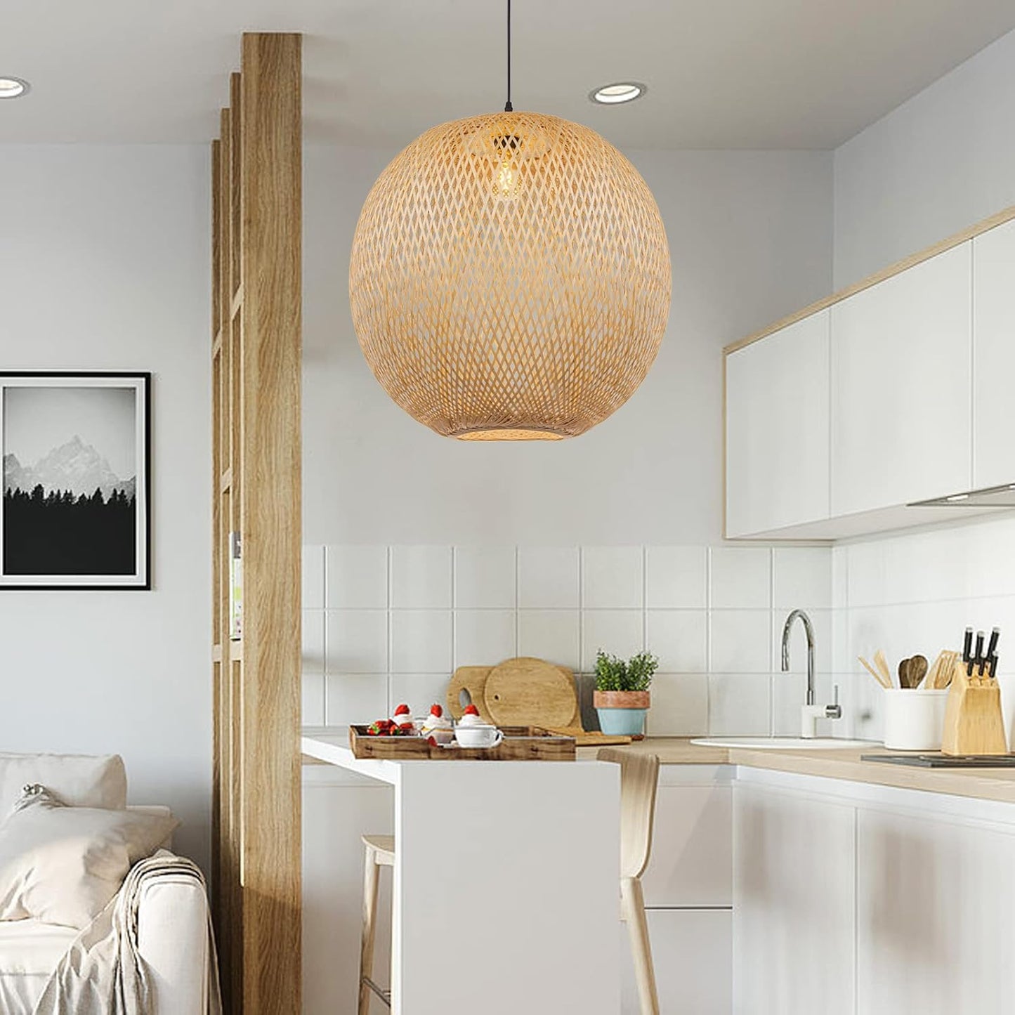 Arturesthome Natural Bamboo Pendant Lamp, Round Hanging Ceiling Light Wicker Chandelier, Hand-Woven Boho Basket Lampshade for Kitchen Island Living Room