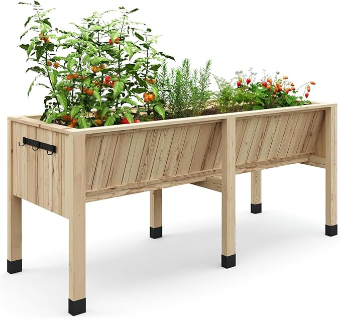 72x26x31 Inch Raised Garden Bed with Legs, 13.7In Depth Wooden Planter Box for Outdoor Growing Vegetables and Herbs, Elevated Garden Bed with Hooks for Backyard, Patio, Balcony