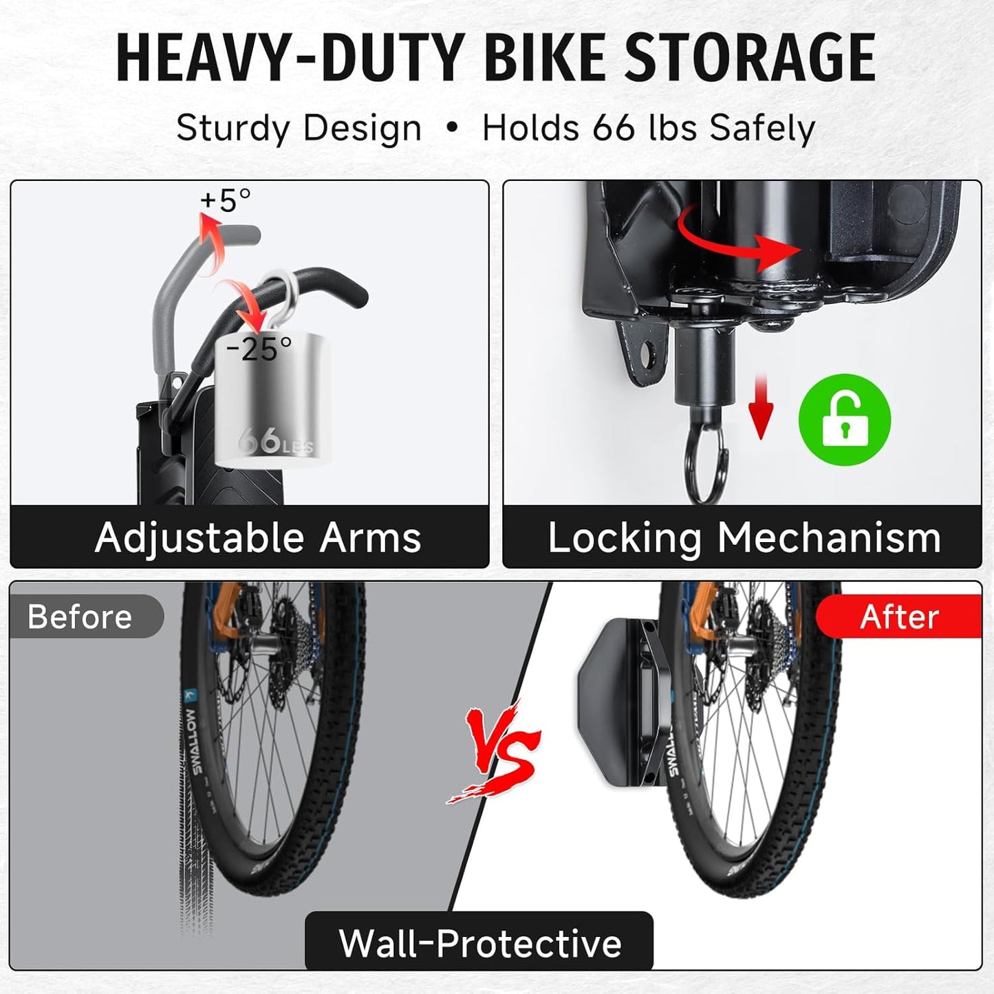 Bike Rack Garage,Bike Wall Mount, 150° Swivel & Space-Saving Vertical Bike Hangers for Storage, Sturdy Bike Stand Holds Up to 66lbs, Easy to Install, 2 Pack