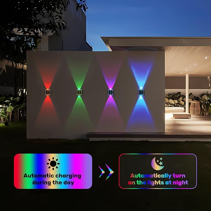 2LEDs Multi-Color Solar Wall Lights, Up and Down Lighting Solar Outdoor Light Waterproof IP65, Solar Fence Light for Yard Garden Garage (4 Pack)