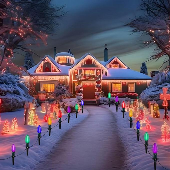 38Ft C9 LED Christmas Pathway Lights Outdoor, 25 Multicolor Bulbs String Waterproof With Stakes, Connectable Walkway for Outdoor Yard Lawn Sidewalk Driveway Decor