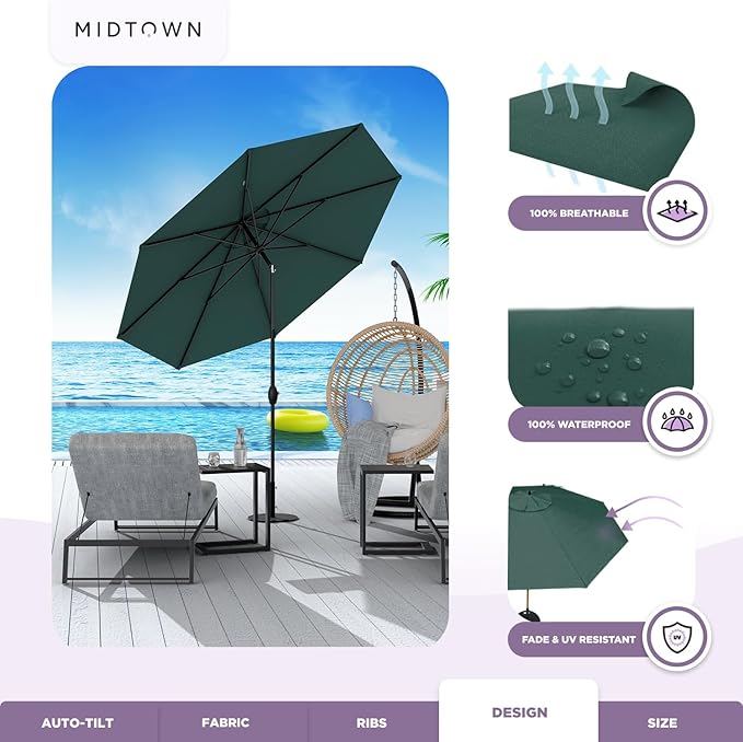 Midtown Umbrellas 10-Year-No-Fade - 10 Ft - UV Proof Forest Green Polyester Fabric - Umbrella Outdoor Patio, Aluminum Frame Large Patio Umbrella for Garden, Pool & Deck - Black Pole