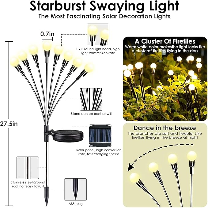 OZS 8Pack Total 64LED Solar Garden Lights Solar Lights Outdoor, Solar Firefly Lights, Waterproof Solar Fairy Lights Outdoor for Garden Yard Pathway Decoration (Warm White)
