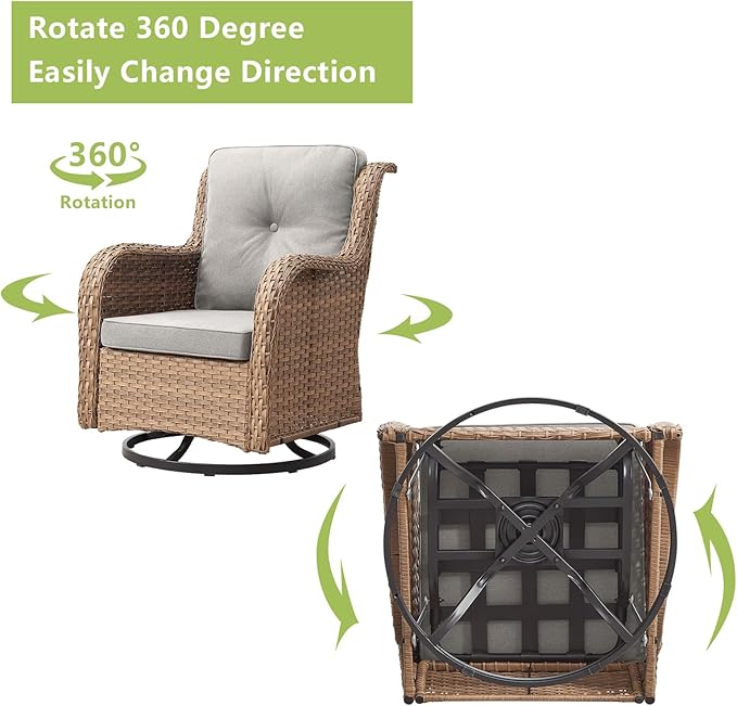 Outdoor Wicker Patio Furniture Set - 6 Piece Rattan Patio Conversation Set with 2 Rocking Swivel Chairs,2 Ottomans,1 Sofa and 1 Coffee Table for Porch Deck Backyard Garden(Yellow/Beige)