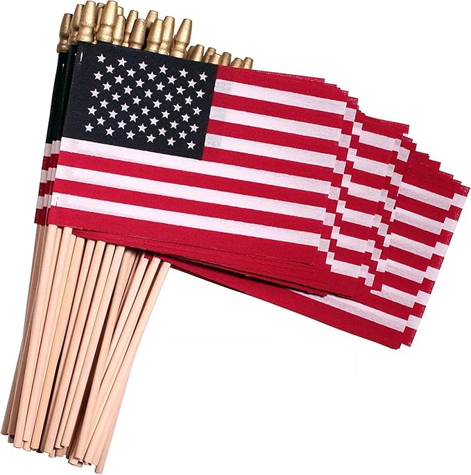 American Flags on Stick - Handheld Spearhead US Flag for 4th of July, Memorial Day Event Decorations - Patriotic Decor for Indoors & Yard - Wooden Stick, Cotton Fabric - (4"X6" - 144 Pack)