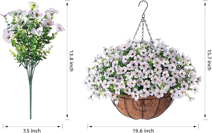Artificial Fake Hanging White Plants Flowers Basket for Outdoor Fall Winter, Faux Silk Daisy in Planter Realistic UV Resistant for Christmas Outside Porch Home Patio Balcony Yard Decoration
