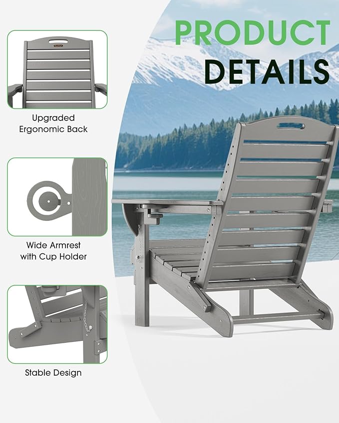 Adirondack Chairs Set of 4, Outdoor Fire Pit Chairs, HDPE All-Weather Adirondack Chairs with Cup Holder, Lawn Chair for Deck, Patio, Garden (Grey)