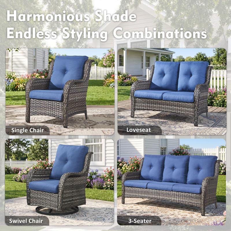 2 Pieces Outdoor Wicker Swivel Rocker Patio Chairs Set of 2, Cushion Blue - Image 7