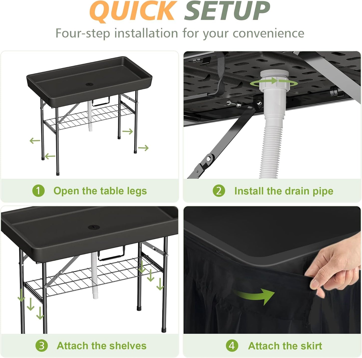 4 Foot Ice Cooler Table with Matching Skirt & Drain Hose, with Iron Stand, Portable Patio Outdoor Chilling Table Portable Bar for Events for Party, Picnic, BBQ, Camping (Black)