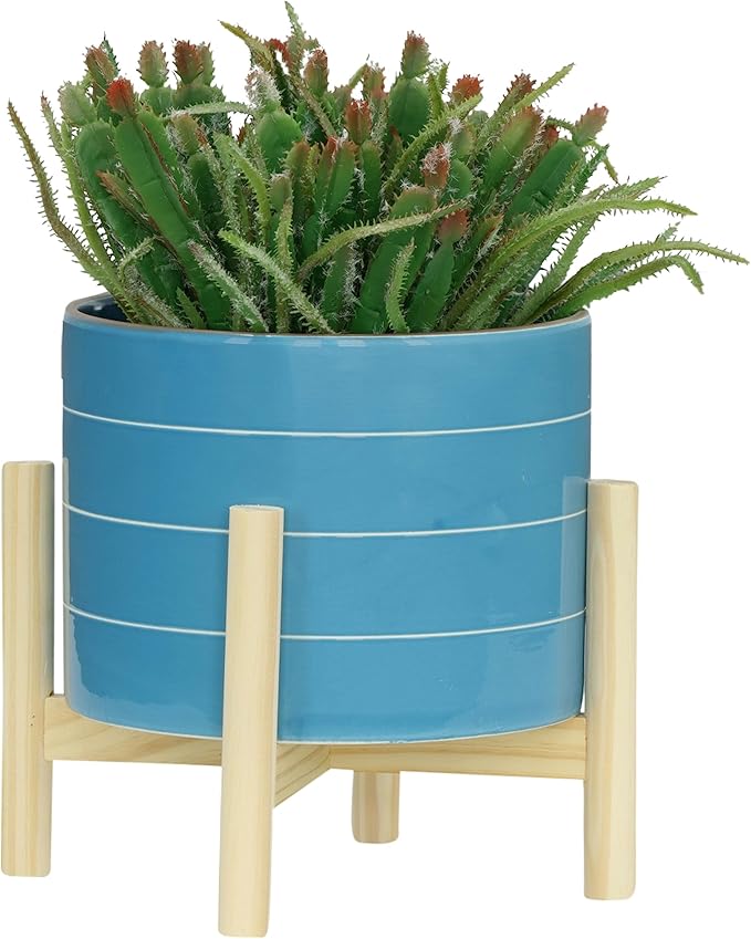 8" Ceramic Planter on Wooden Bamboo Stand - Contemporary Blue While Striped Design For Indoor or Outdoor Plants, Succulents, Cactus