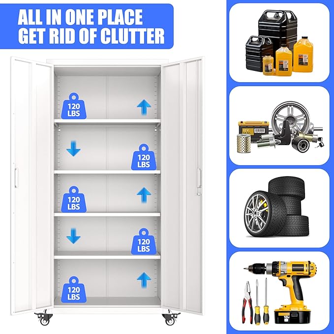 73" H Metal Garage Storage Cabinet with Wheels,Rolling Tool Storage Cabinet with 2 Doors and 4 Adjustable Shelves for Garage,Home,Office,Warehouse,Workshop, Required-Assembly,White