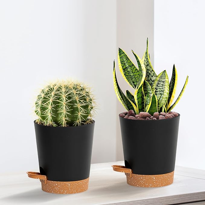 4 inch Small Plant Pots for Outdoor Indoor Plants, 5 Pack Planters with Drainage Holes and Tray, Small Self Watering Pots for Succulent,Cactus, Aloe and Other Plants (Black)