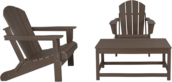 WO Home Furniture Adirondack Chairs Table Set of 3 PCS Outdoor Folding Chairs Coffee Table Weather/UV Resistant for Lawn, Garden, Bon Fire, Balcony (Dark Brown)