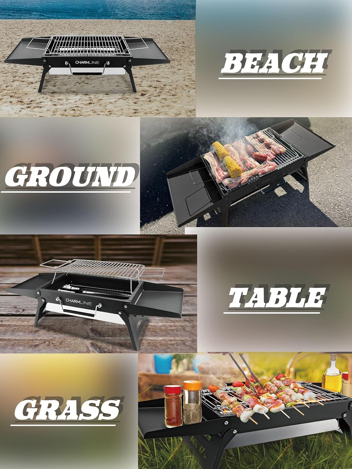 Charmline 14x9inch Foldable Portable Grill Charcoal, Compact Portable Grill for Outdoor Use, Desktop Charcoal Grill, BBQ Grill for Camping, Picnics, Gardens and Beach Parties, Green, Black