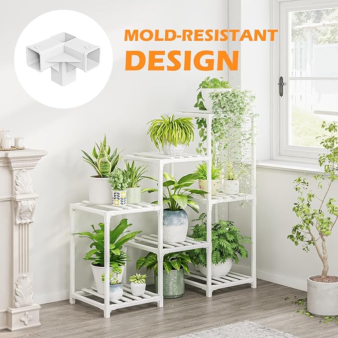Bamworld Indoor Plant Stand Outdoor White Shelf Bamboo Plant Table for Multiple Plants 3 Tiers 7 Pots Ladder Holder Pot Window Garden Balcony Living Room