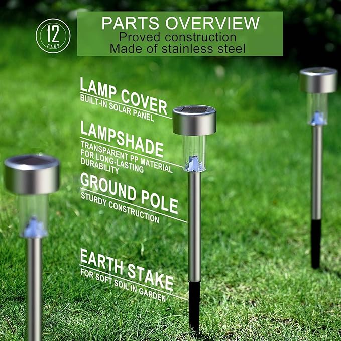 Dream Master Solar Lights Outdoor Waterproof, Stainless Steel LED Landscape Lighting Outdoor for Outside Solar Garden Lights for Pathway, Walkway, Patio, Yard, Lawn - 12 Pack (Multicolor)