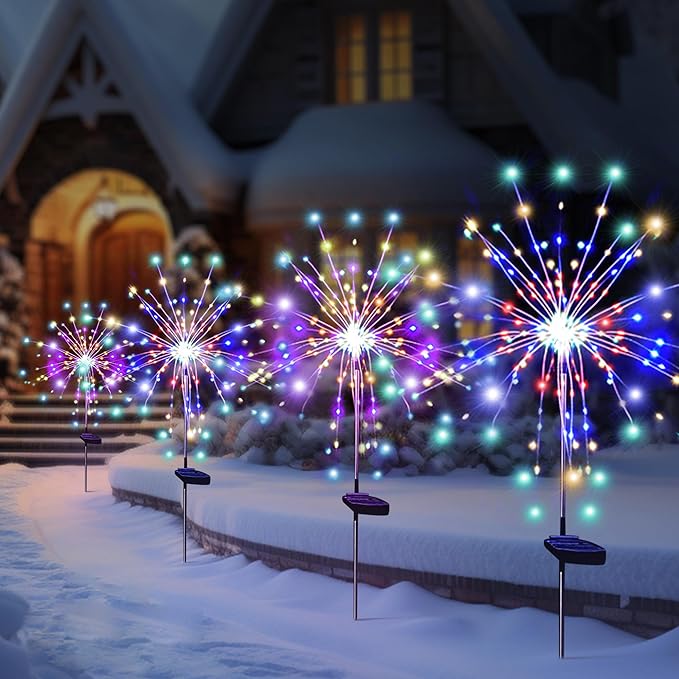Solar Garden Firework Lights Outdoor Waterproof 4 Pack 120 LED Sparklers Solar Lights for Outside Patio Backyard Yard Pathway Walkway Decorations (Colorful)