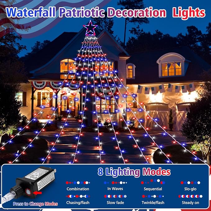 4th of July Decorations Lights, Red White Blue String Lights 320 LED 11.5 Ft Flag Stars Patriotic Light with Big Star Topper Waterproof 8 Light Modes for Indoor Outdoor Memorial Day Independence Day