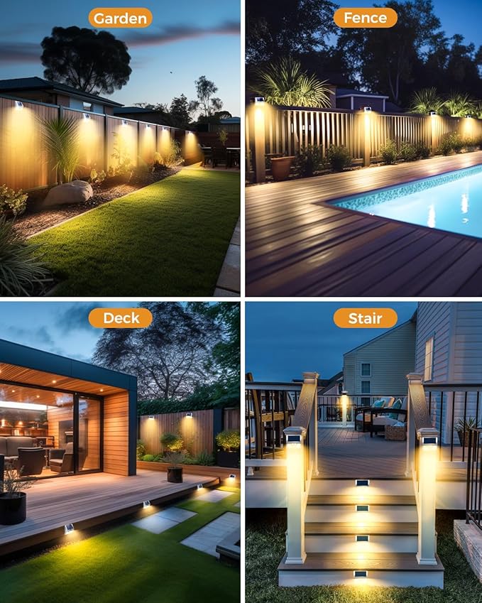 4 Pack Solar Lights Outdoor Motion Sensor, Waterproof Fence Lights 3 Lighting Mode, Warm White LED Outside Light Wireless for Fence Wall Yard Steps Stairs Garden -Stainless Steel