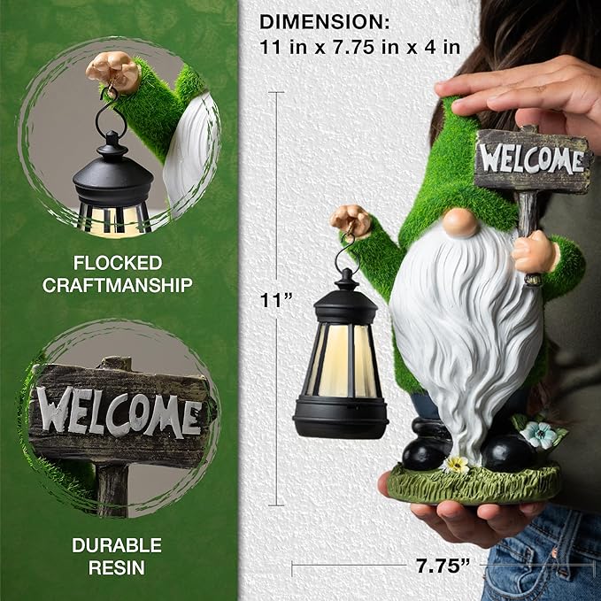 Garden Gnome Statue with Lantern - 11'' Spring Garden Gnomes Outdoor Christmas Decorations w/ Solar Light - Yard Gnomes Decorations - Vintage Solar Gnome, Housewarming Gifts for Women & Men