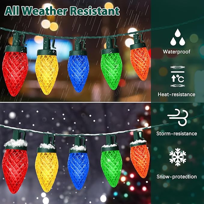 C9 LED Christmas Lights, 34FT 50 Bulbs Outdoor Christmas Decorations for House Waterproof String Lights Extendable Green Wire Fairy Lights for Patio Xmas Garden Party Wedding Holiday Indoor Multicolor