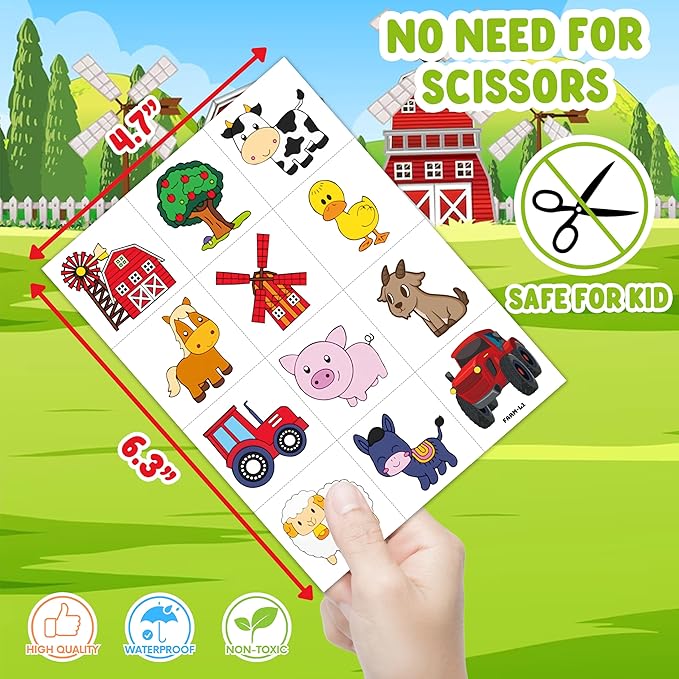 72 PCS Farm Barnyard Animal Pre-Cut Temporary Tattoos Sticker Birthday Decorations Party Supplies Favors Gift Boy Girl Farmhouse Cow Chicken Tattoo School Reward Themed (Normal)