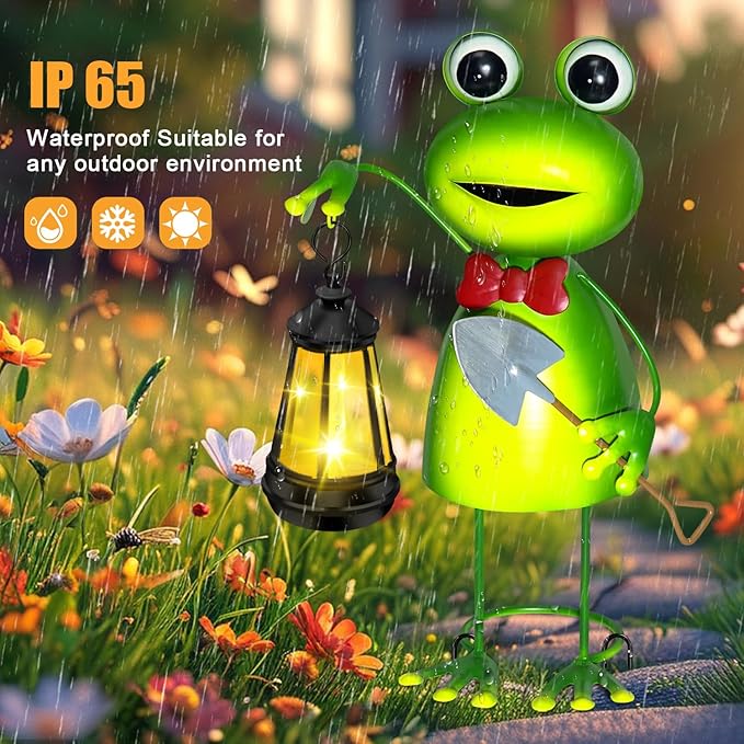 Solar Garden Lights Frog Statue with Solar Lantern lights,13.78in Frog Decoration Fairy Accessories,Birthday Gifts for Women Mom Grandma,Big Metal Decorative Stakes for Home decor,Patio,Porch,Yard Art