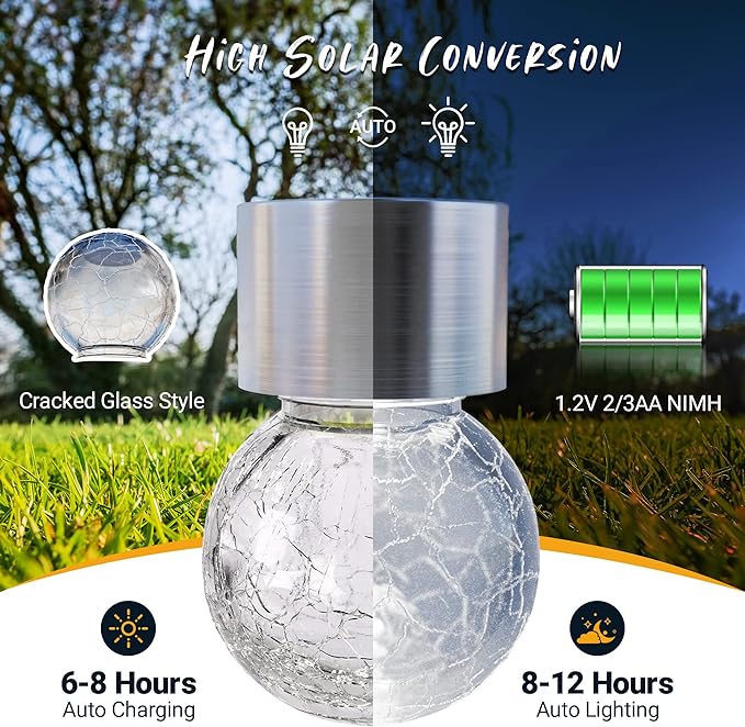 GIGALUMI 8 Pack Solar Hanging Lights, Christmas Decoration Lights with Multi-Color Changing Cracked Glass Hanging Ball Solar Outdoor Lights Waterproof Solar Lanterns for Garden, Yard, Patio, Lawn
