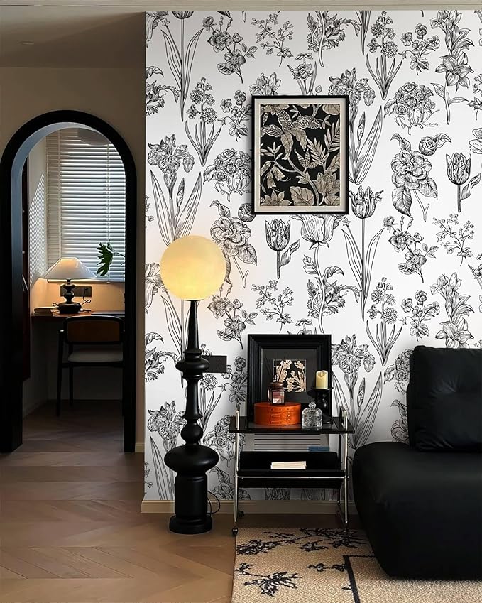 Dimoon 236"x17.3" Floral Peel and Stick Wallpaper White Contact Paper Waterproof Black Lines Wallpaper Vintage Flower Thicken Plant Self Adhesive Removable Wall Covering Shelf Liner Decal Vinyl Roll