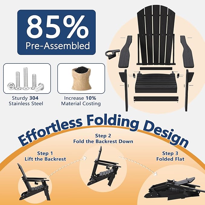 Folding Adirondack Chair Set of 2 with Cup Holder, HDPE All Weather Resistant Plastic Outdoor Patio Chairs, Heavy Duty Fire Pit Seating for Backyard Lawn Garden, Wooden Textured Design(Black)(Black)
