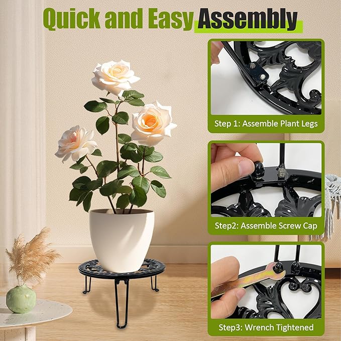 3 Pack Metal Plant Stand Indoor Outdoor, Heavy Duty Flower Pot Stands for Multiple Plants, Black Iron Plant Holder for Planters, Round Plant Shelf for Patio Garden Balcony Living Room